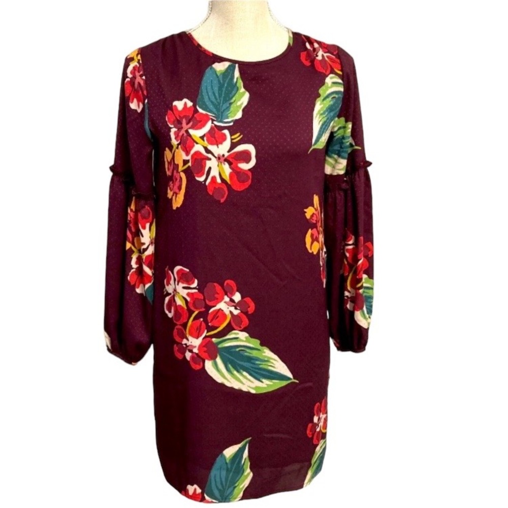Loft Tunic Dress XXSP floral print Burgundy petites Blouse